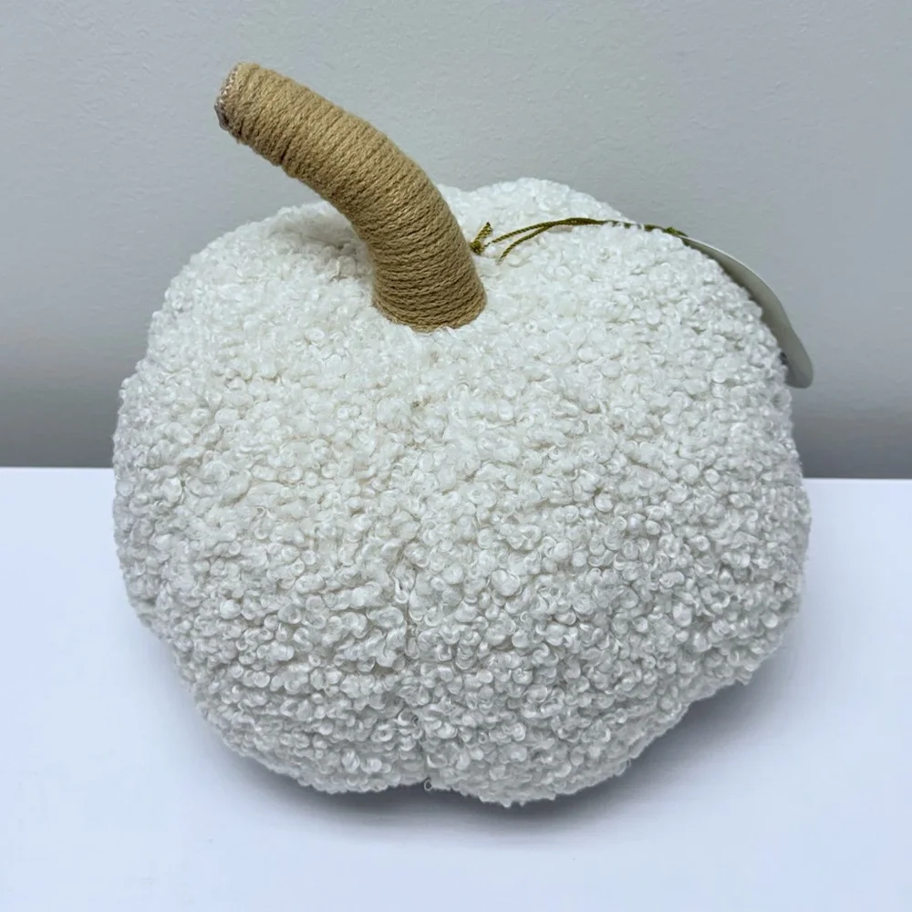New Large Teddy Boucle Pumpkin Shaped Pillow in Almond by Threshold Fall Decor